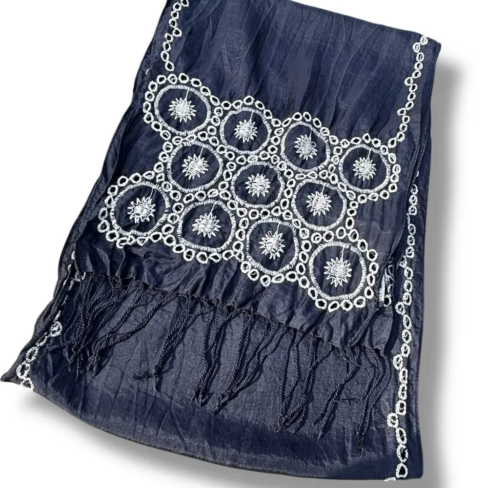 Banana Republic Navy Silk Scarf with Embroidered Design